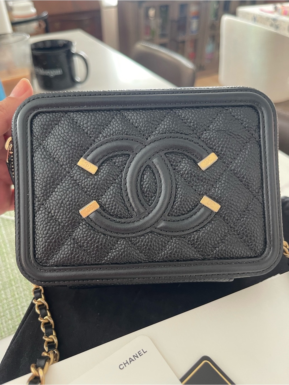CHANEL Black Quilted Caviar Leather Mini Camera Crossbody with Gold Accents